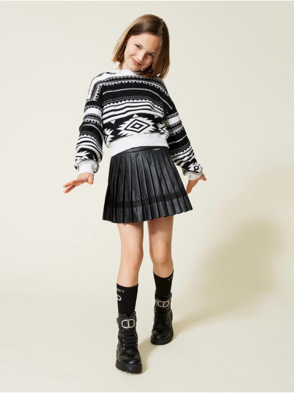 Twinset Milano Girls Leather Pleated Skort/Skirt, Black, 12Y